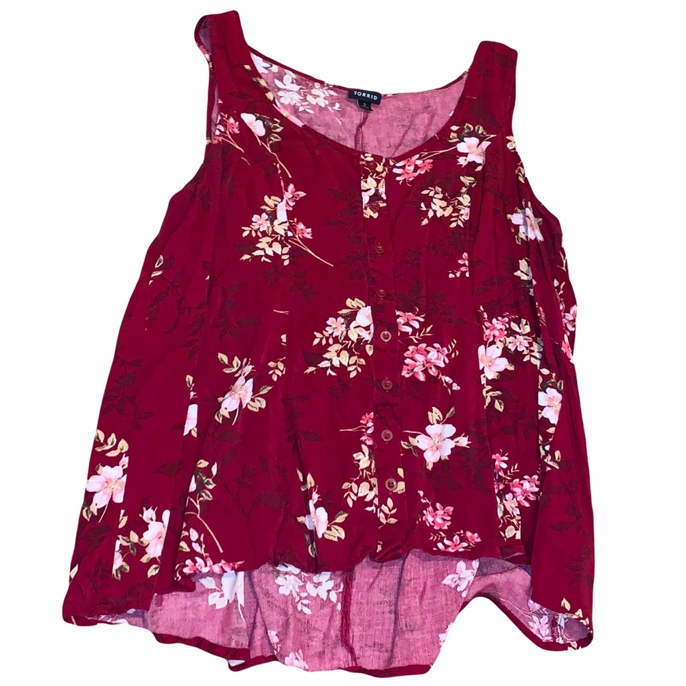 Torrid 2X Fit and Flare Stretch Challis Button-Front Red Floral Tank Top